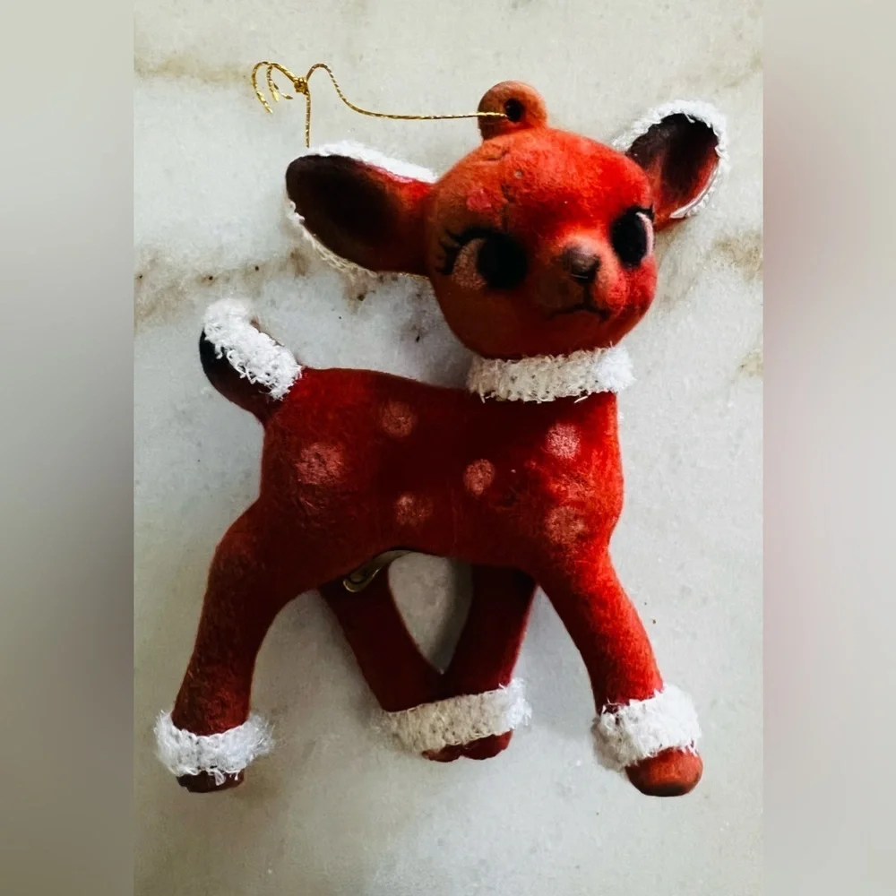 Vintage Mid Century Red Flocked Santa And Reindeer Christmas Tree Ornaments Set